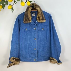 Vintage Denim Jacket Faux Fur Collar Quilted Lined Jean Jacket Large Retro